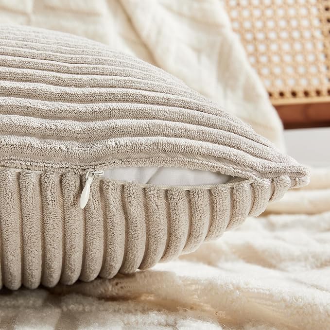 Fancy Homi 2 Packs Neutral Taupe Lumbar Decorative Throw Pillow Covers 14x22 Inch for Living Room Couch Bed Sofa, Farmhouse Home Decor, Soft Striped Corduroy Rectangle Accent Cushion Case 35x55 cm