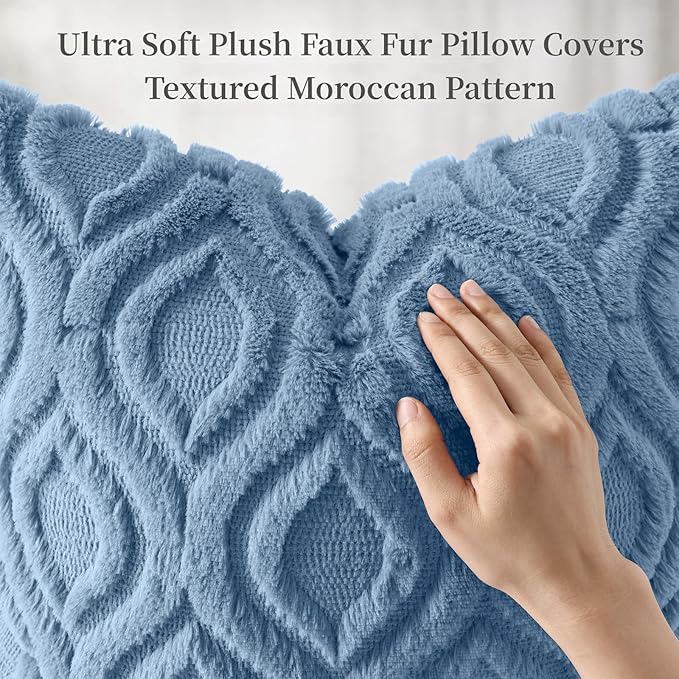 decorUhome Throw Pillow Covers 12x20 Inch Set of 2, Soft Plush Faux Wool Blue Solid Couch Pillow Covers, Accent Farmhouse Neutral Rectangle Pillow Cases for Sofa Bed Living Room
