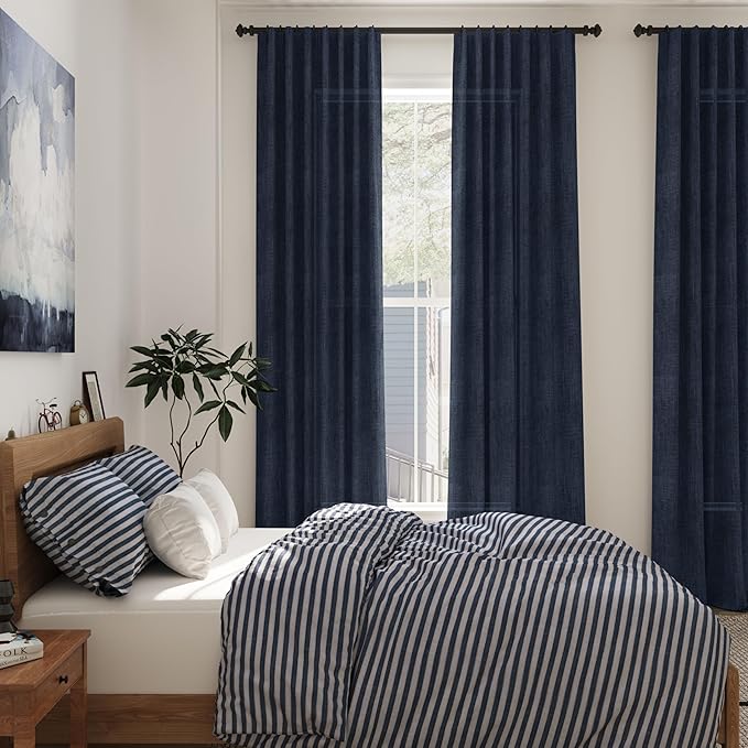 Navy Blue Curtains 84 inch Length for Bedroom Back Tab Rod Pocket Modern Nautical Farmhouse Decor Slub Linen Textured Dark Blue Semi Sheer Window Curtains 2 Panels Set for Dining Room Office Indigo