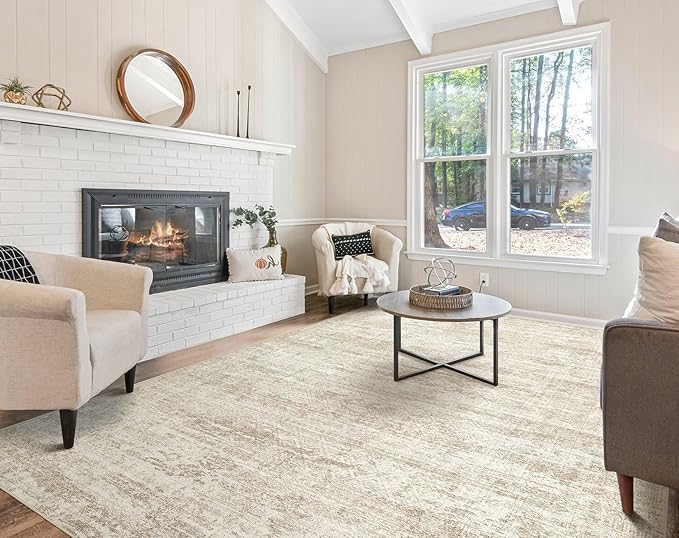 UERMEI 8x10 Area Rug Living Room Rugs - Washable Neutral Modern Abstract Soft Thin Rug Indoor Floor No Slip Rug Carpet for Bedroom Under Dining Table Home Office Decor - Beige/Brown