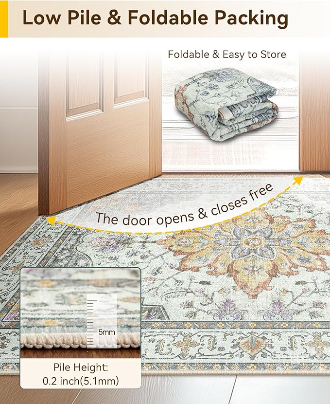 Area Rugs 2'6''x14' Runner Rug Non Slip Washable for Kitchen Hallway Bedroom Beside Laundry Room Bathroom Rug, Floor Carpet, Light Yellow Carbon Grey Orange