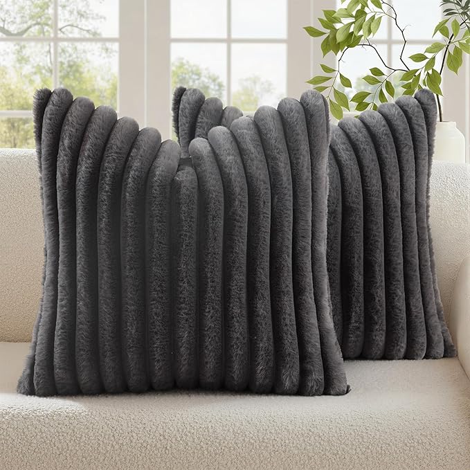 decorUhome Cozy Faux Fur Throw Pillow Covers 18x18 Set of 2 Decorative Soft Plush Striped Modern Farmhouse Boho Couch Pillow Cases with Velvet Back for Sofa Bed Living Room, Dark Grey