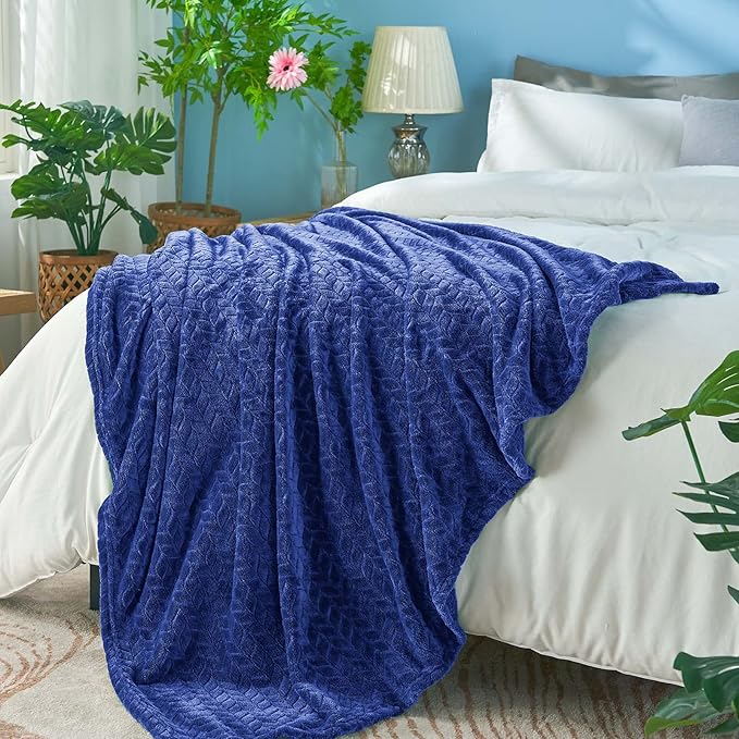 inhand Navy Fleece Twin Blanket, Super Soft Flannel Cozy Blankets for Adults, Lightweight Leaves Pattern Fuzzy Blanket for Couch Sofa Bed Office, Warm Plush Blankets for All Season, 60x90 Inches