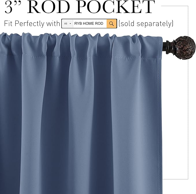 RYB HOME Blackout Curtains for Bedroom Living Room 63 inches Long, Thermal Insulated Privacy Rod Pocket Drapes for Nursery Office Home Theater, Width 42 by Length 63, Stone Blue, 2 Panels