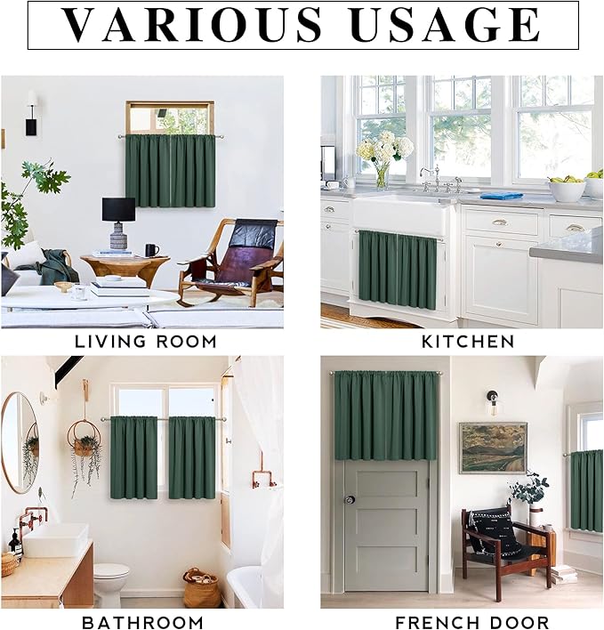 RYB HOME Short Blackout Curtains for Bedroom, Room Darkening Insulated Summer Heat Light UV Blocking Energy Saving Drapes for Nursery, Width 34 by Length 45, Dark Green, Set of 2