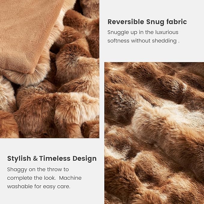 Cozy Bliss Faux Fur Throw Blanket for Couch, Fuzzy Soft Plush Thick Bubble Blanket for Sofa Bedroom Living Room, 60 * 80 Inches Tie Dye Brown