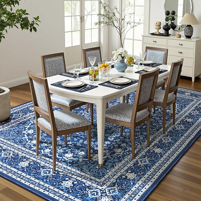 Lofus 6x9 Area Rugs for Living Room, Machine Washable Non-Slip Area Rug, Low Pile Large Rugs for Bedroom, Kitchen, Dining Room, Home Office, Vintage Oriental Print Rug, Dark Blue with White
