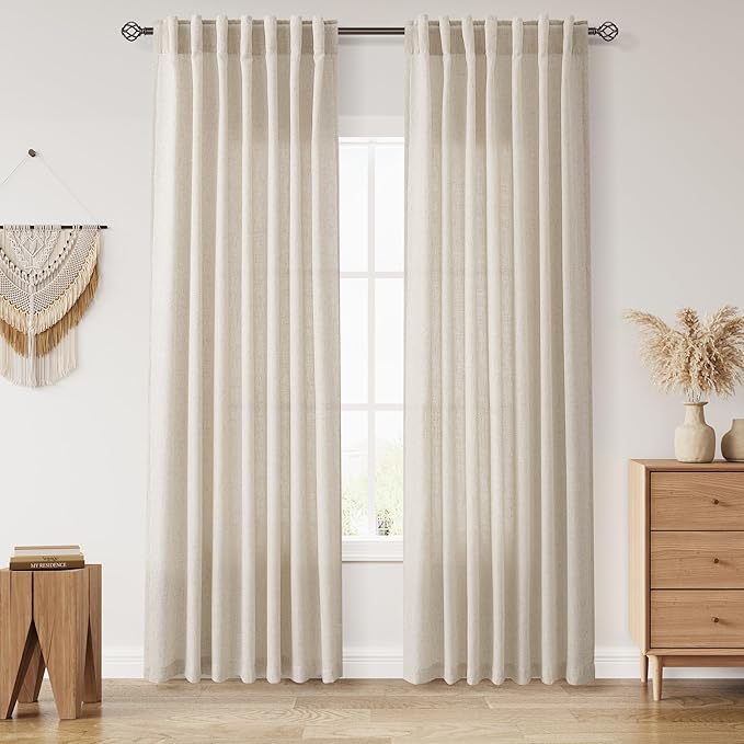 Nanspring Boho Linen Curtains 84 Inches Long for Living Room Light Filtering Semi Sheer Curtain Back Tab Eclectic Home Decor Modern Elegant Luxury Drapes for Bedroom Office 52x84,2 Panels