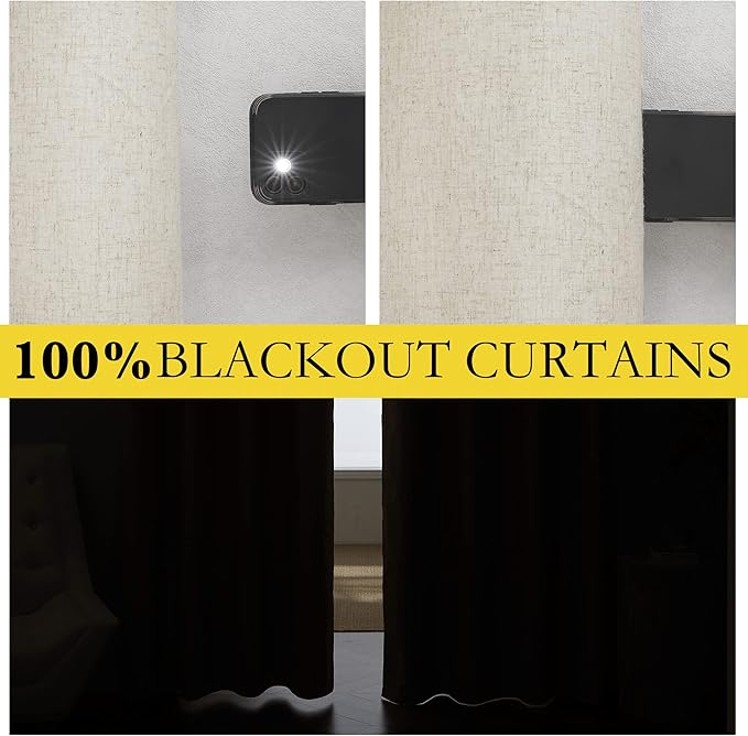 NICETOWN Farmhouse Style 100% Blackout Natural Linen Curtains 90 inches Length, 2 Panels, 62" W, Room Cooling Window Draperies with Thermal Insulated Liners for Dining Room