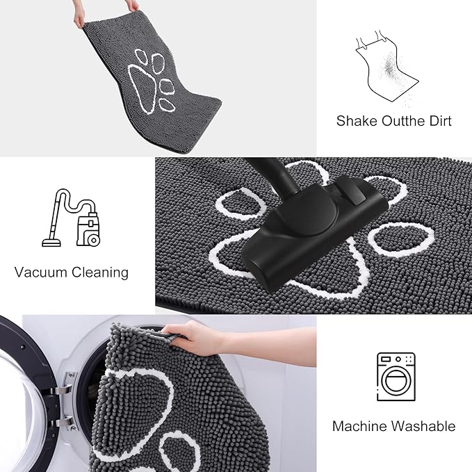 Smiry Dog Door Mat for Muddy Paws, Absorbent Dirt Trapper Non Slip Quick Dry Washable Chenille Mat for Mud Dogs, Entry Rug for Indoor and Outdoor (54x32 Inches, Dark Grey and White)