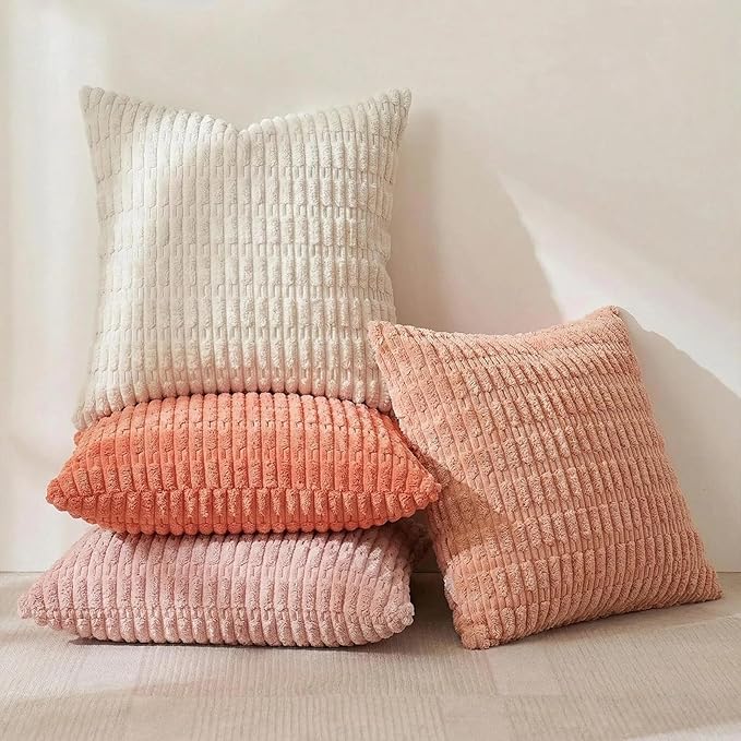 Fancy Homi 4 Packs Boho Blush Pink Euro Decorative Throw Pillow Covers 26x26 Inch for Living Room Bed, Soft Plush Striped Corduroy Square Light Pink Coral Peach Cream Colorful Cushion Case 66x66 cm