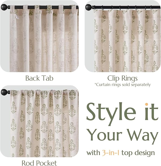 jinchan Linen Floral Curtains for Living Room 96 Inch Length Green Flower Cottage Core Farmhouse Curtains Rod Pocket Back Tab Boho Semi Sheer Window Drapes Bedroom Set 2 Panels Green on Beige