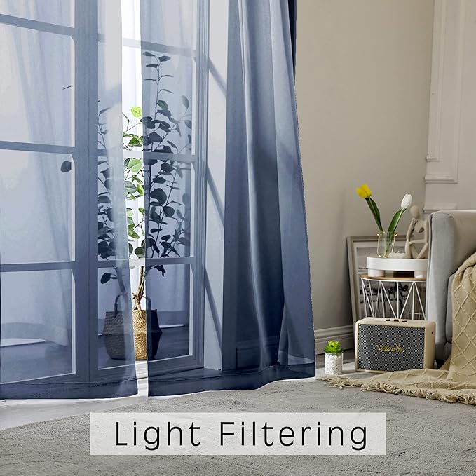OWENIE Sheer Curtains 54 inches Long 2 Panels Set, Rod Pocket Curtain Sheers for Living Room/Bedroom, Light Filtering Voile Panels Drapes Small Window Treatments 2 Pcs Total Wide 84 Inches, Navy Blue