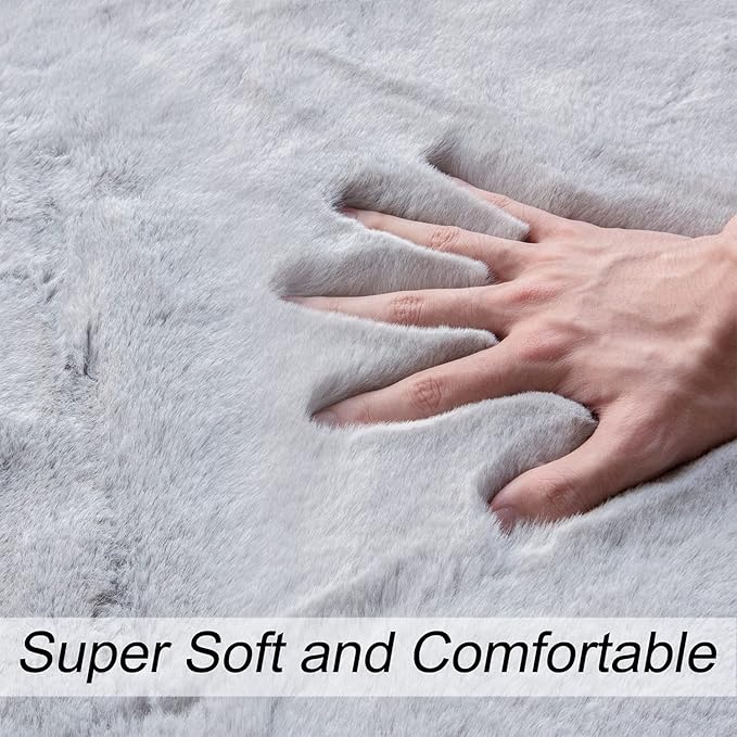 ORINOVA Faux Fuzzy Machine Washable Bunny Fur Area Rugs for Living Room Grey Fluffy Rug for Bedroom Sheepskin Rug 4x6 Rectangle Nursery