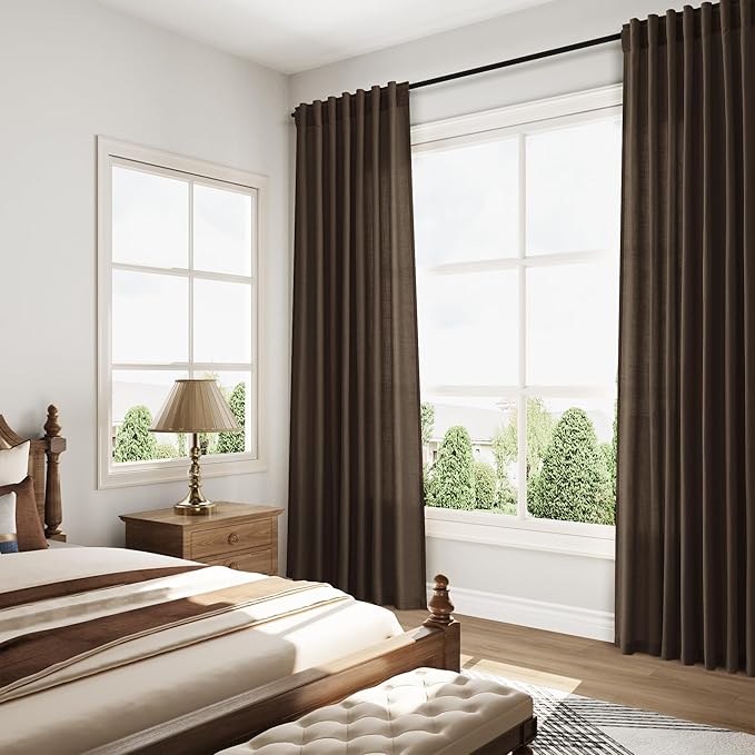 Extra Long Curtain Chocolate Morden Linen Blend Light Filtering Back Tab Curtains for Long Winodws 120 Inches Length, Semi Sheer Privacy Drapes for Living Room,52x120 inch, 2 Panels