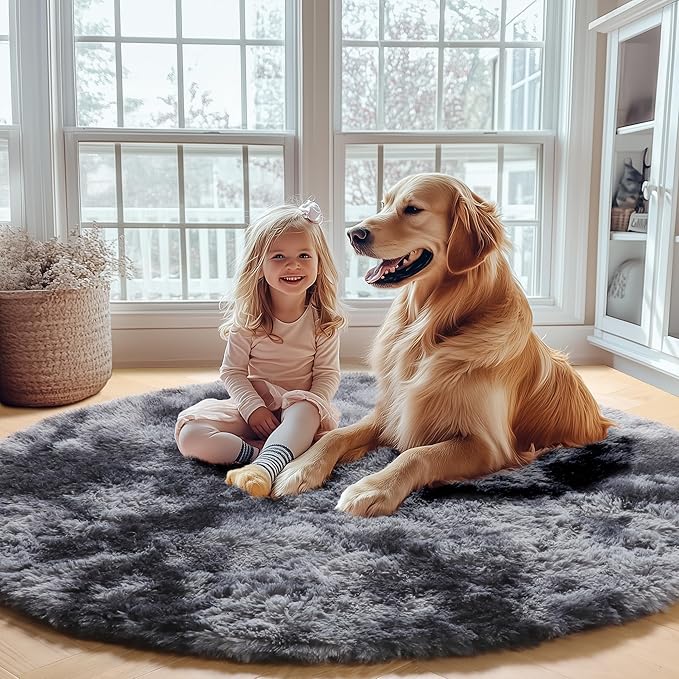 ONASAR Tie-Dyed Dark Grey Round Area Rugs 5ft, Ultra Soft Bedroom Circle Rug for Kids Girls Teen Room, Fluffy Plush Shaggy Carpet Floor Mats for Baby Nursery Living Room Playroom Home Decor