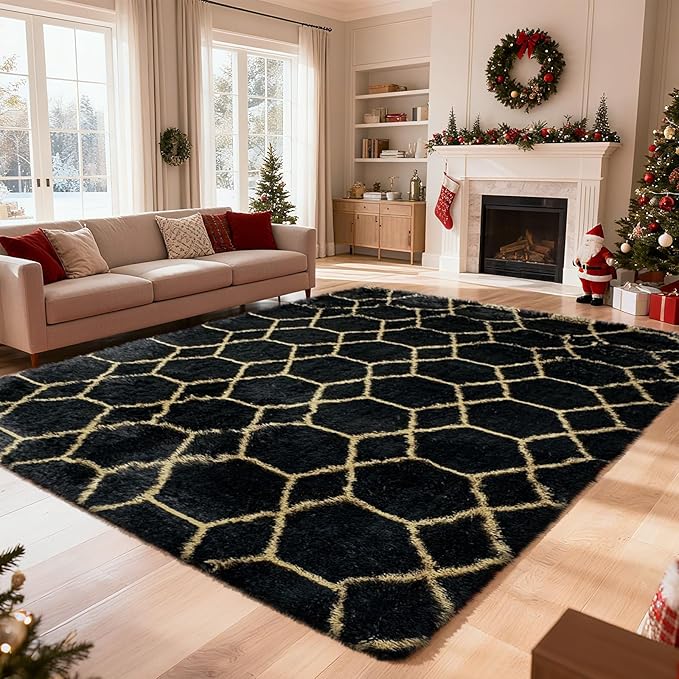Shag Area Rug for Bedroom 5x8,Fluffy Area Rugs for Living Room,Geometric Soft Fuzzy Rug Non-Shedding Indoor Plush Carpet for Kids Bedroom Nursery Dorm Home Christmas,Black and Gold
