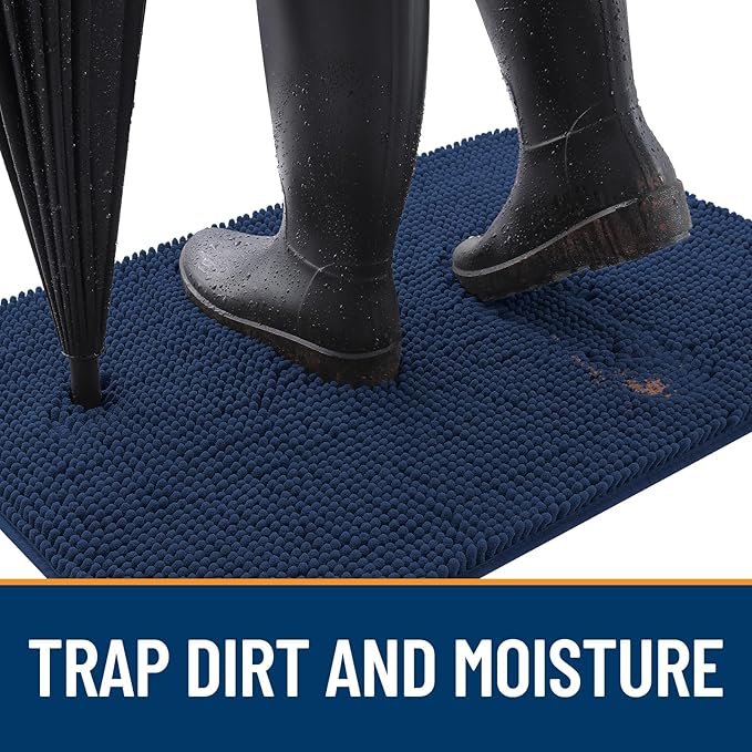 OLANLY Dog Door Mat for Muddy Paws 40x32, Absorbs Moisture and Dirt, Absorbent Non-Slip Washable Doormat, Quick Dry Chenille Mud Mat for Dogs, Entry Indoor Entryway Carpet for Inside Floor, Dark Blue