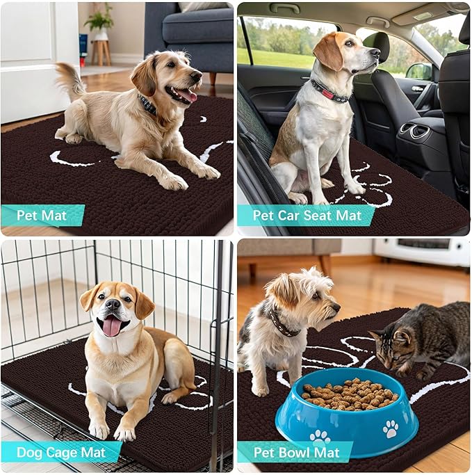 OLANLY Dog Door Mat for Muddy Paws 40x32, Paw Print Design, Absorbs Moisture and Dirt, Absorbent Non-Slip Washable Doormat, Quick Dry Chenille Mud Mat for Dogs, Entry Indoor Entryway Carpet, Brown
