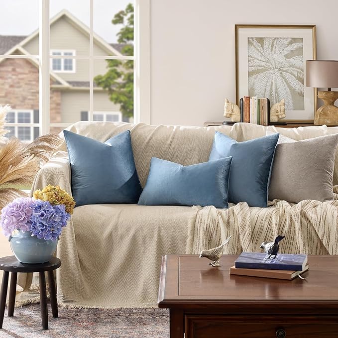 GIGIZAZA Decorative Throw Pillow Covers 16x16,Set of 2 Stone Blue Square Couch Pillow Covers,Velvet Sofa Boho Cushion Pillows