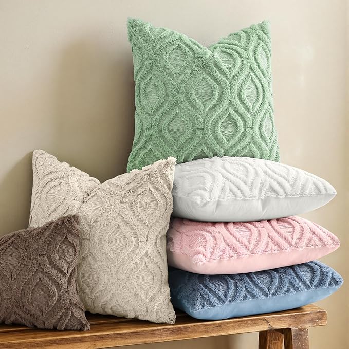 decorUhome Throw Pillow Covers 20x20 Inch Set of 2, Soft Plush Faux Wool Sage Green Solid Couch Pillow Covers, Accent Farmhouse Neutral Square Pillow Cases for Sofa Bed Living Room