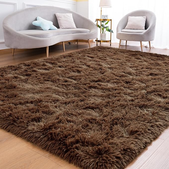 Goideal Fluffy Rug for Bedroom Living Room, 3x5 Brown Area Rugs, Faux Fur Shag Modern Carpet Ultra Soft Girls Boys Room Home Decor, Solid