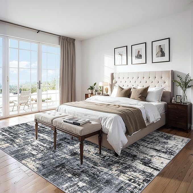 Area Rugs 10x12 Living Room - Washable Rug Modern Abstract Soft Large Neutral Non-Slip Carpet Indoor Floor Thin Carpets for Bedroom Dining Room Farmhouse Nursery Home Office Black Gold