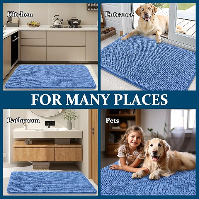 OLANLY Dog Door Mat for Muddy Paws 47x32, Absorbs Moisture and Dirt, Absorbent Non-Slip Washable Doormat, Quick Dry Chenille Mud Mat, Entry Indoor Entryway Carpet for Inside Floor, Cornflower Blue