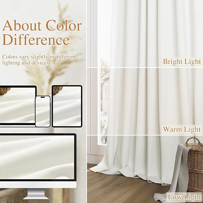 Guken Ivory 100% Blackout Linen Curtains 100 Inch Length 2 Panels Set for Living Room Bedroom Back Tab Rod Pocket Thermal Insulated Black Out Drapes Room Darkening Farmhouse Window Curtains 52x100