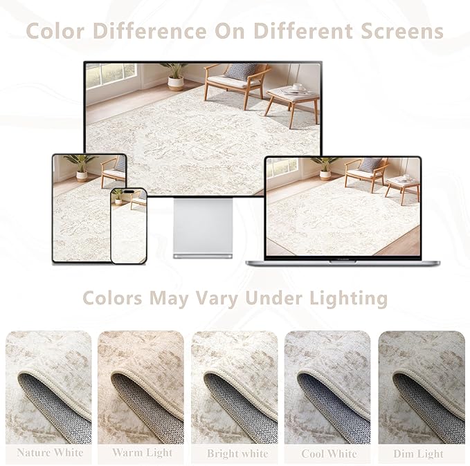 8x10 Area Rugs for Living Room: Washable Rug Vintage Large Rugs Soft Non Slip Low Pile Rug Floral Distressed Floor Carpet for Bedroom Kitchen Nursery Dining Room Home Office (Beige, 8'x10')