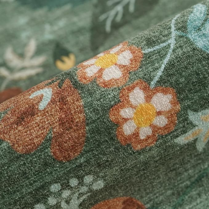 4x8 Washable Area Rug for Family: Stain Resistant Wide Floral Scalloped Kitchen Rug Soft Carpet for Entryway Bathroom Bedroom Farmhouse Living Room Floor Mat with Non Slip Backing(4x8, Floral/Green)