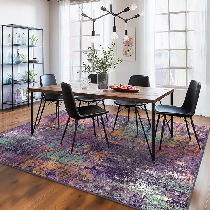 Washable Area Rugs 6'x8' Non-Slip Modern Abstract Soft for Living Room Entryway Bedroom Nursery, Print Pattern, Purple Orange Blue Green Rust Red Colorful
