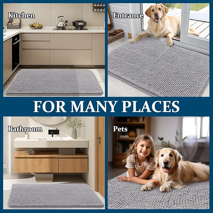 OLANLY Dog Door Mat for Muddy Paws 44x24, Absorbs Moisture and Dirt, Absorbent Non-Slip Washable Doormat, Quick Dry Chenille Mud Mat for Dogs, Entry Indoor Entryway Carpet for Inside Floor, Light Grey