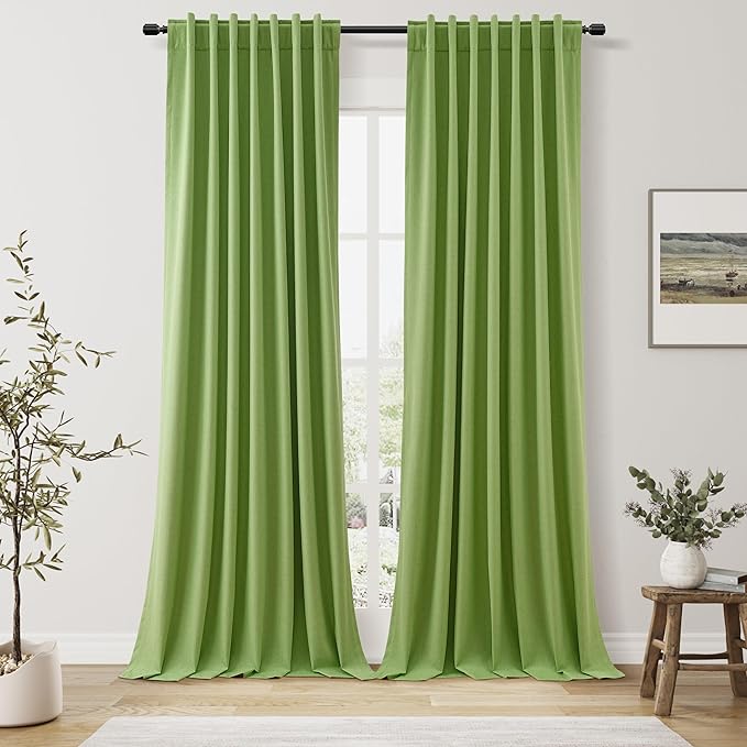 Guken 100% Blackout Curtains 90 Inch Length 2 Panels Set for Living Room Bedroom Back Tab Thermal Insulated Black Out Linen Drapes Room Darkening Lime Green,52x90