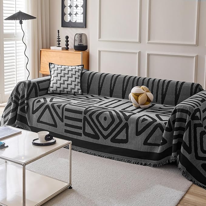 HANDONTIME Boho Geometric Couch Covers for Sofa Pet Friendly Dark Grey and Black Sofa Covers Washable Chenille Couch Blanket Cover for 2 Cushion Couches Pet Protector Furniture Cover Soft, 71" X 118"