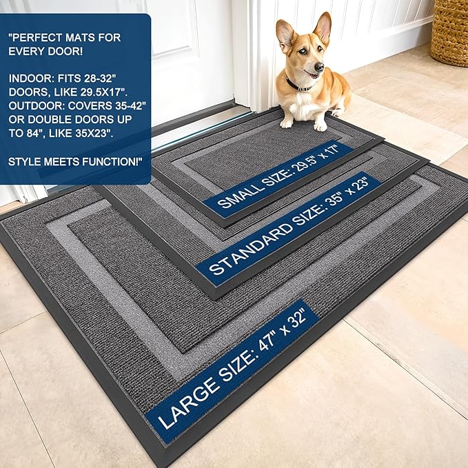 OLANLY Front Door Mat Indoor Outdoor Entrance, Waterproof All-Season, All-Weather Doormat, Sturdy Natural Rubber, Fade Resistant, Low Profile, Easy Clean Patio Porch Entryway Mat, 47x32, Dark Grey