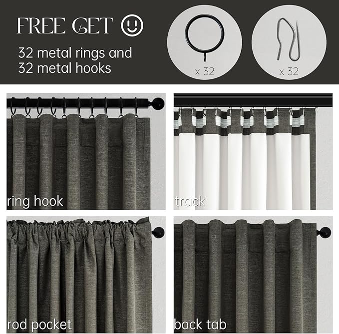 Topfinel 108 Inch Curtains 2 Panels Set Charcoal Grey Curtains 108 Inches Long for Livingroom Back Tab Hooks Pleated Blackout Tweed Linen Look Blacked Out Curtain for Bedroom,Dark Gray