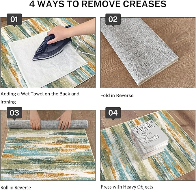 Lansny Modern Abstract Runner Rug 2.6x12, Green Mustard Multi Washable Long Kitchen Runner Non-Slip Soft Hallway Rug Runner Thin Print Faux Wool Carpet for Entryway Bedroom Laundry Room Indoor