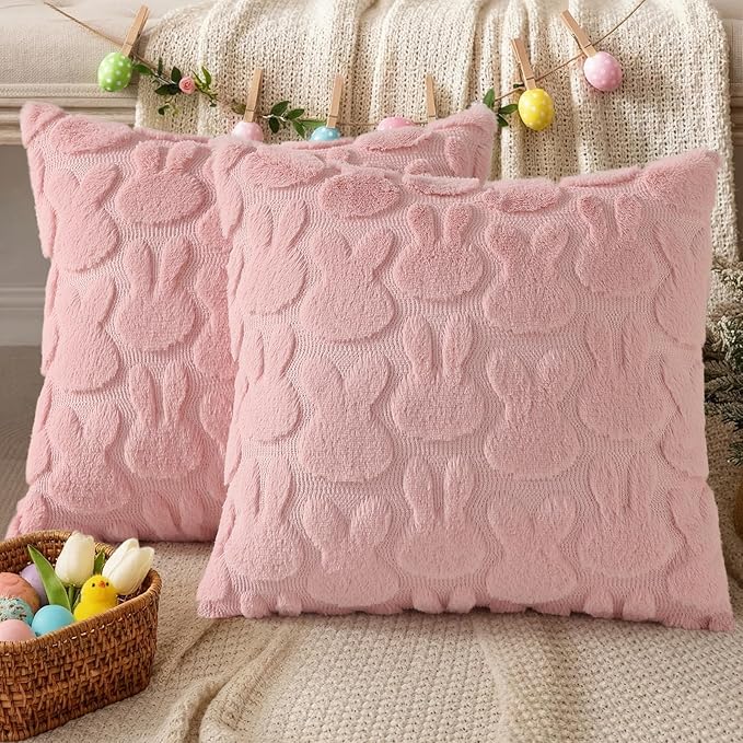 decorUhome Easter Bunny Pillow Covers 20x20 Inch Set of 2, Soft Plush Faux Wool Jacquard Pink Rabbit Cushion Covers, Farmhouse Neutral Spring Easter Holiday Decor for Couch Sofa Bed
