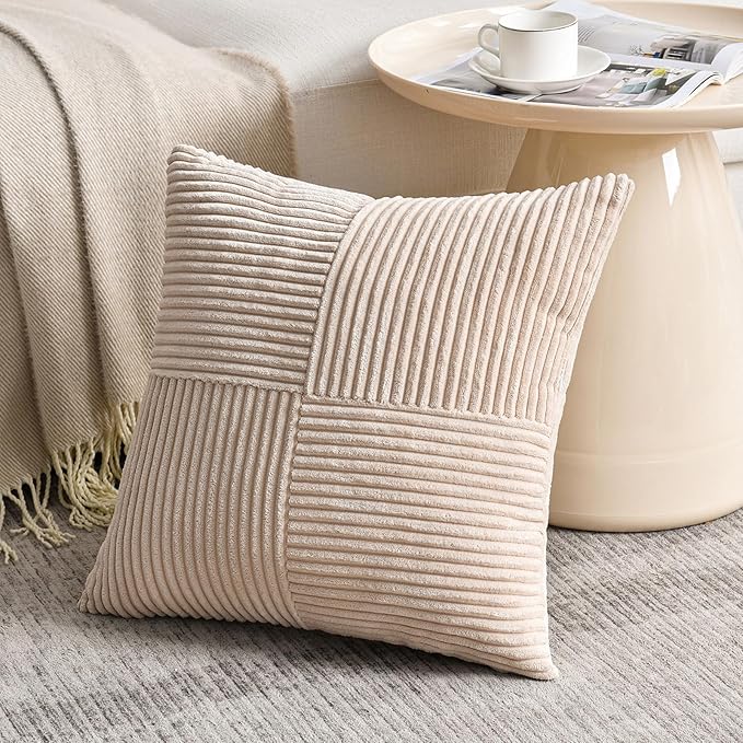 Fancy Homi 2 Packs Tan Euro Decorative Throw Pillow Covers 26x26 Inch for Living Room Couch Bed, Farmhouse Boho Home Decor, Soft Corss Corduroy Patchwork Textured Square Beige Cushion Case 66x66 cm