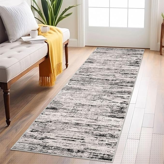 Lansny Modern Abstract Runner Rug 2x6, White Black Grey Taupe Washable Kitchen Runner Non-Slip Soft Hallway Rug Runner Thin Print Faux Wool Carpet for Entryway Bedroom Laundry Room Indoor Home Decor