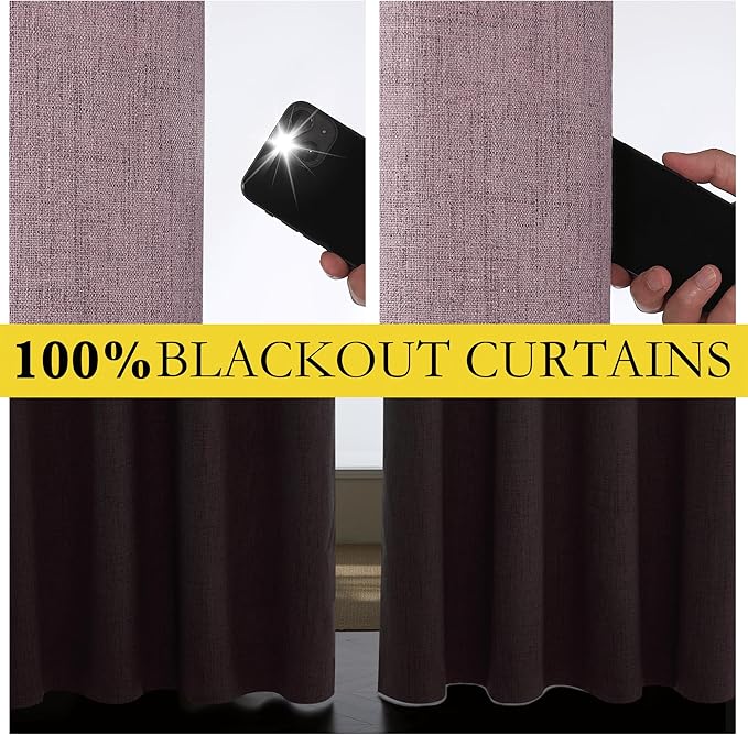 NICETOWN Chaise Mauve Vintage Linen 100% Blackout Curtains for Playroom, Thermal Insulated Curtains 72" Long, Noise Reducing Window Treatment Drapes for Laundry Room, 62" Wide Per Panel, Set of 2