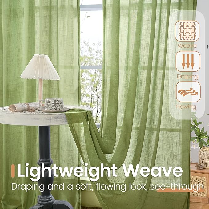 BGment 54 Inch Length Green Curtains for Short Living Room Windows - Natural Linen Drapes Rod Pocket Light Filtering for Dining Room Kitchen Country Lightweight Semi Sheer, 2 Panels Set, 42 X 54 Inch