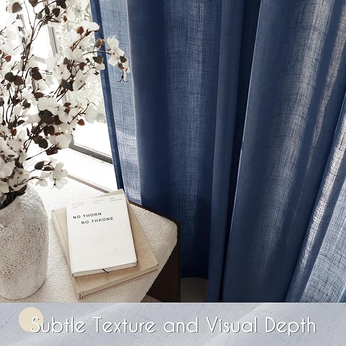 Navy Blue Curtains 84 inch Length for Bedroom Back Tab Light Filtering Semi Sheer Blue Living Room Curtains Linen Polyester Indigo Blue Drapery Panel Modern Farmhouse Aesthetic Decor Dark Blue