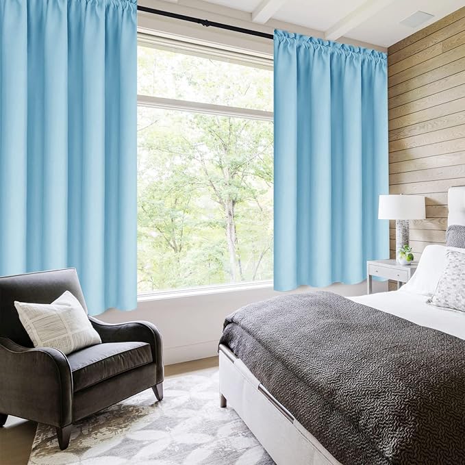 DWCN Blackout Curtains for Bedroom - Thermal Insulated Privacy Energy Saving Rod Pocket Drapes for Living Room, W 38 x L 63 Inch, Light Blue, Set of 2