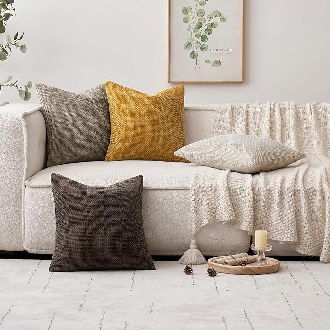 MIULEE Pack of 2 Couch Throw Pillow Covers 20x20 Inch Neutral Gold Modern Boho Accent Decorative Pillow Covers Soft Chenille Farmhouse Cushion Covers for Home Decor Bed Sofa Living Room
