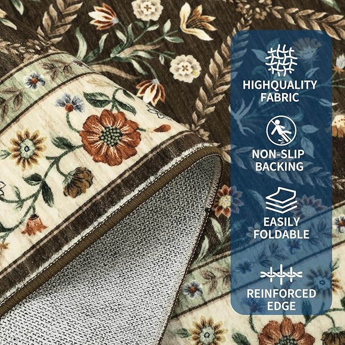 Washable Kitchen Rugs Non Slip 2x6 Hallway Runner Rug Stain Resistant Low Pile Floral Floor Rug with Rubber Backing Non Shedding Runners for Indoor Entryway Bedside Bedroom Farmhouse RV Brown Natural