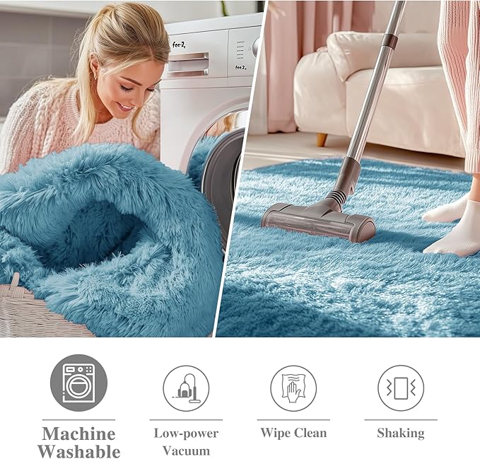 OLANLY Slate Blue Round Rugs for Bedroom - Machine Washable, 8 ft Circle Area Rugs for Living Room, Soft and Fluffy Shaggy Carpet for Teen Girl and Boys, Nursery Rooms, Dorms, Home Decor Aesthetic