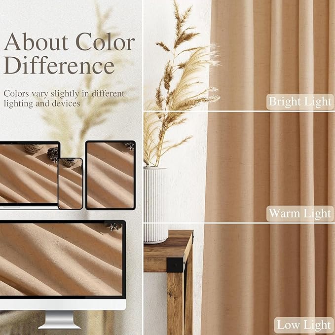 Nanspring Camel Linen Curtains for Living Room 92 Inches Long Back Tab and Rod Pocket Light Filtering Semi Sheer Vintage Rustic Curtain Luxury Boho Decor Drapes for Bedroom Office 52x92, 2 Panels