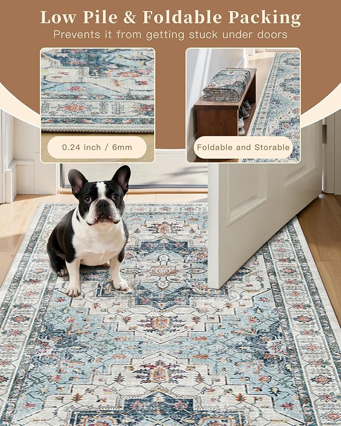 Madane 3x20 Hallway Runner Rug - Extra Long Carpet Runners for Hallways 20ft Non Slip Stain Resistant Rugs Runner for Living Room Bedroom 20 Feet Distressed Floor Carpet for Kitchen, Blue